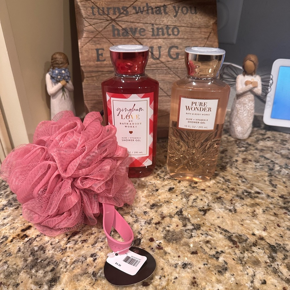 Bath and Body Works Gingham Love, Pure Wonder, and bath pouf